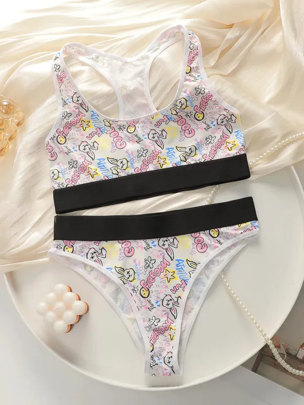 Set intimo da donna modello cartoon con anello in acciaio che raccoglie gilet da lavoro push up set reggiseno sportivo ammortizzante C2807