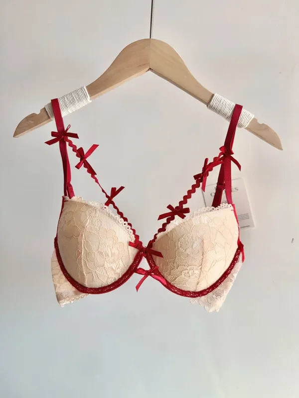 セクシーなงานแต่งงานเจ้าสาวชุดชั้นในลูกไม้สีแดงชุด Bowknot Push Up Bra สำหรับหน้าอกขนาดเล็กผู้หญิง Party Pure Look ชุดชั้นใน Intimate — image 9
