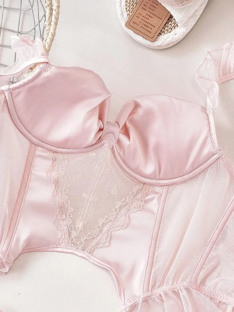 Ensemble de Lingerie Corset en arête de poisson rose avec coussinet de poitrine, soutien-gorge à Double bretelles fixes pour femmes, costume avec sous-vêtements — image 4