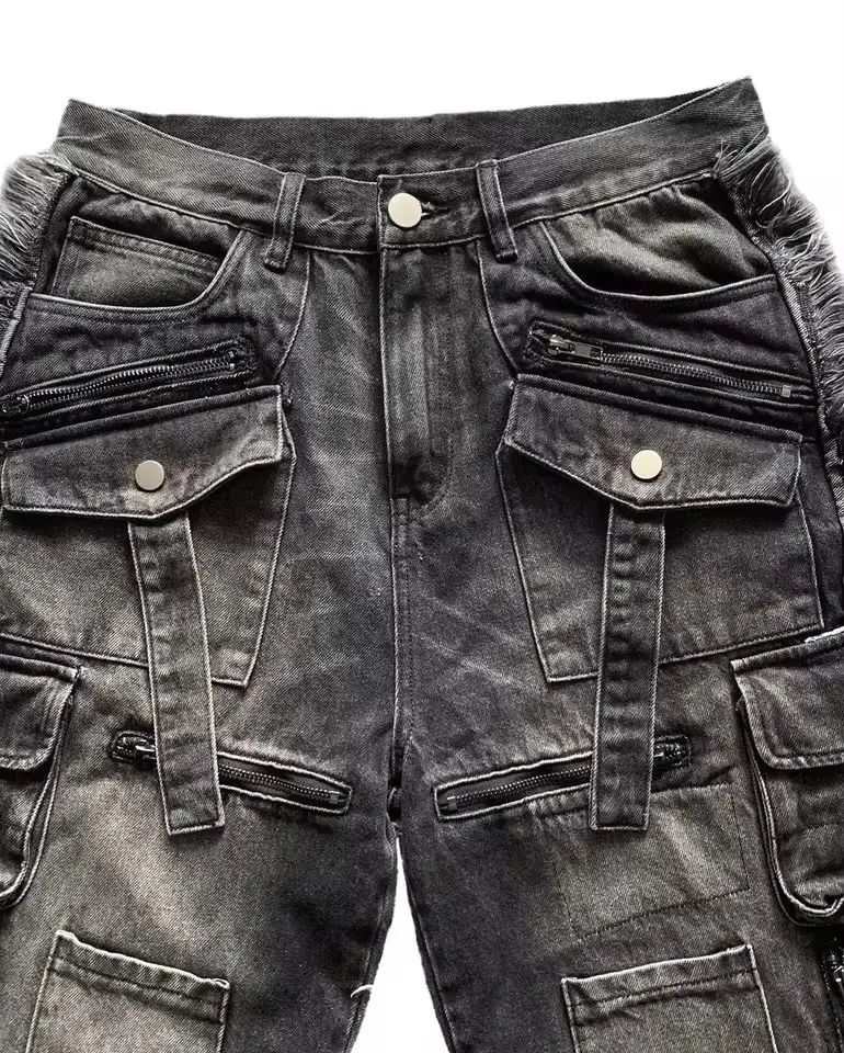 Y2Kสีดำหลายกระเป๋าCargoกางเกงยีนส์ผู้ชายผู้หญิงขากว้างDistressed Frayed Hem Flapกระเป๋าปุ่มรายละเอียดBaggy Streetwearกางเกง — image 6