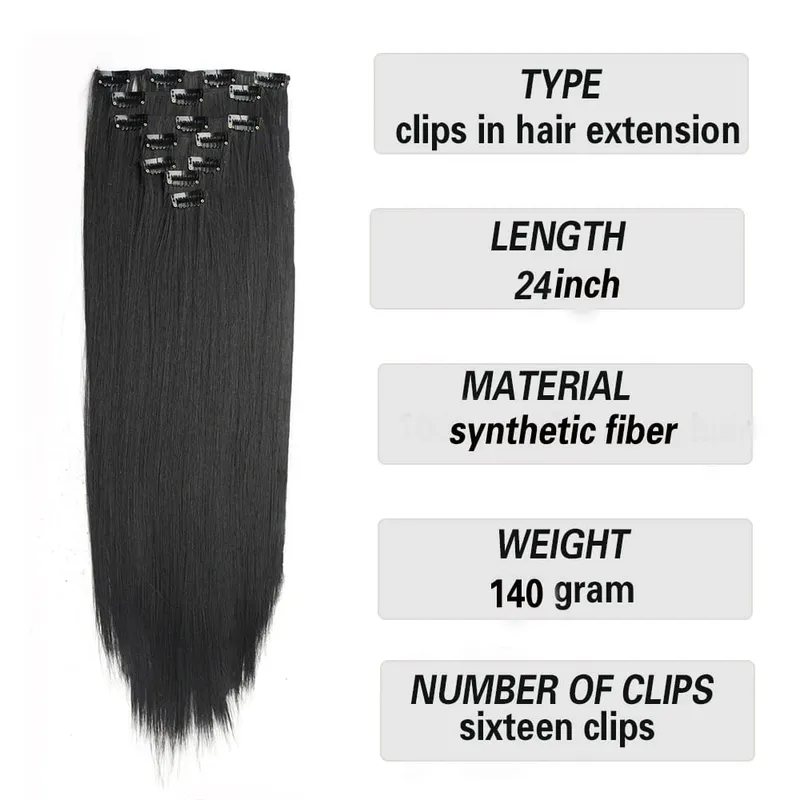 Sintetik Lurus Panjang 16 Klip Dalam Sambungan Rambut 7 Keping/Set Serat Suhu Tinggi Potongan Rambut Berambut Perang Hitam Coklat Untuk Wanita — image 3