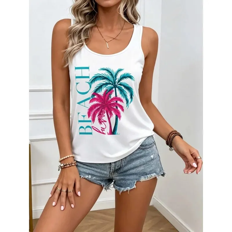 Top estivi da donna con stampe di alberi di cocco Top senza maniche. Abbigliamento da spiaggia comodo e casual per uno stile da vacanza. — image 6
