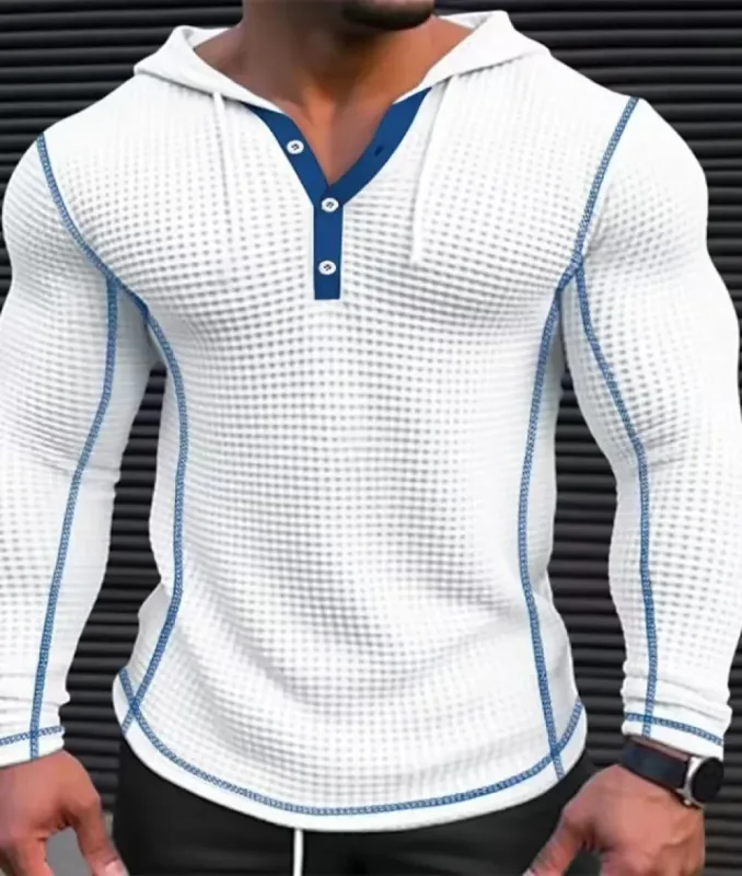 Waffle Katı Kumaş Slim Fit Kapüşonlular Erkekler V Yaka Düğmesi Rahat Tişörtü Hip Hop Sokak Kazak erkek Spor Uzun Kollu Tops