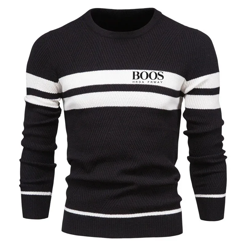 Embroidered Mens Boys Winter Stripe Sweater Thick Warm Pullovers Men's O-neck Basic Casual Slim Comfortable Sweaters — image 1