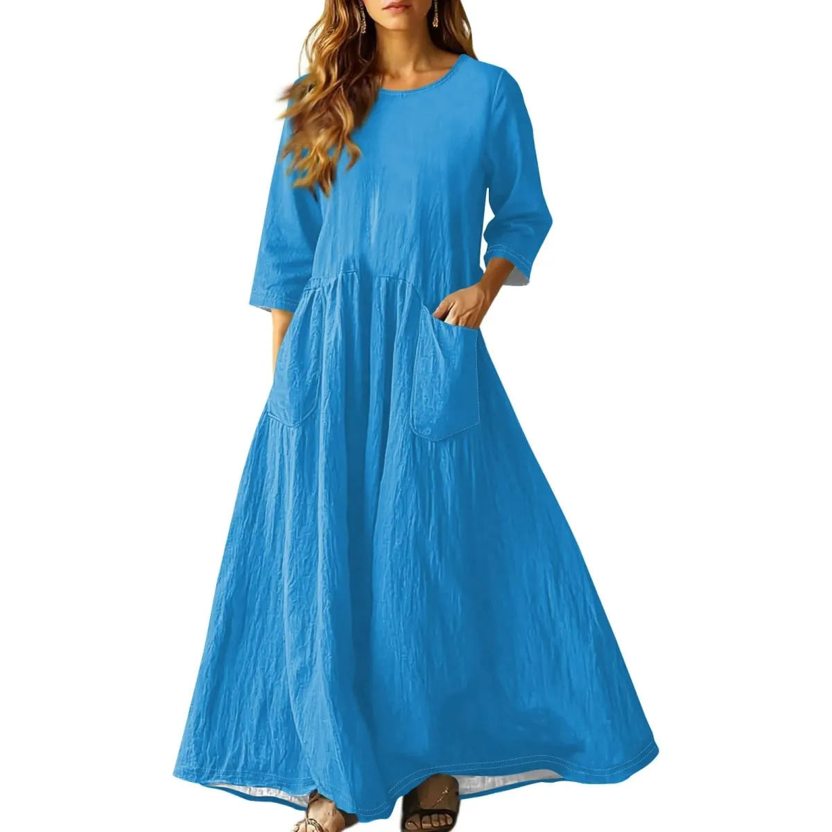 Gaun Panjang Longgar Musim Panas Wanita Warna Pejal Lengan Tiga Suku Gaun Poket Berganda Gaun Linen Leher Bulat Longgar Vestidos — image 6