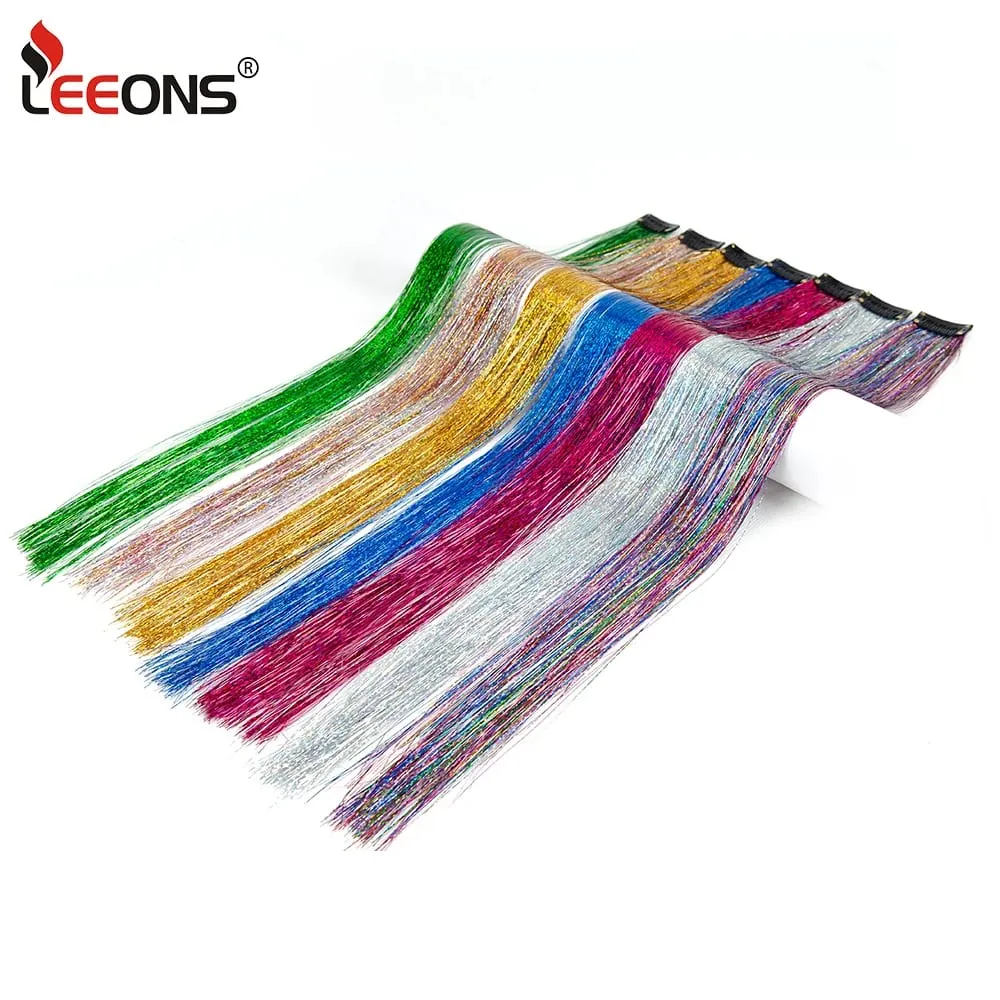 Punti salienti della festa color arcobaleno dritto Clip nelle estensioni dei capelli Pezzo di capelli scintillante Posticci sintetici Rosso scintillante — image 3