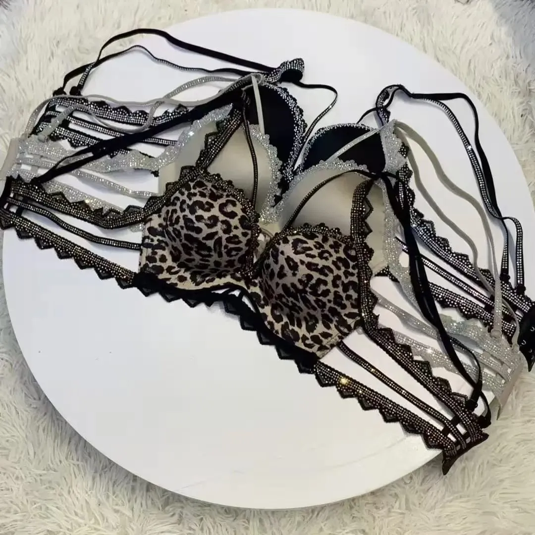 (Bralette Voor Kleine Borsten) Nieuwe Strass Luipaard Print Verdikte Lingerie Kleine Borsten Verzamelen Hol Vrouwen Bh Set — image 1
