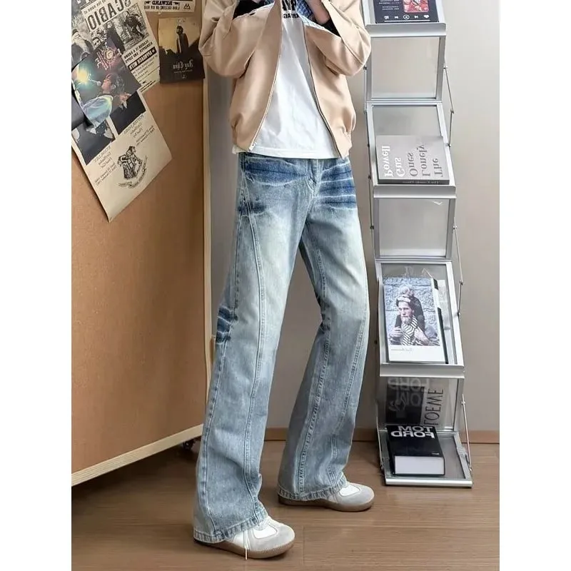 Herren-Denim-Jeans mit Blitzmuster, High Street-Stil, Frühlingsblau, lockere Passform, ausgestellte Hose, Y2K-koreanische Mode, große Größe