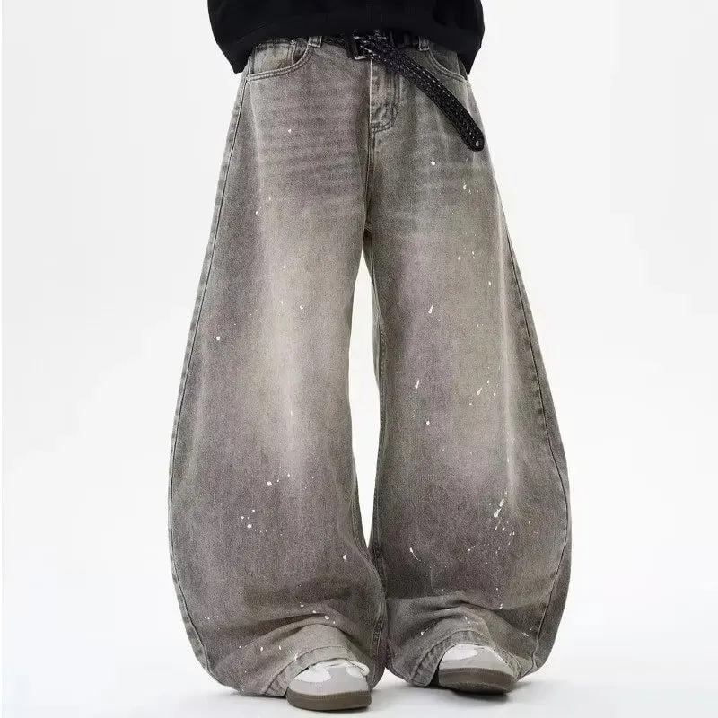 Spring and Autumn Retro Washed Vintage Grey Splash Ink Curved Knife Jeans for Men and Women Trendy Brand American Street Loose P — image 1