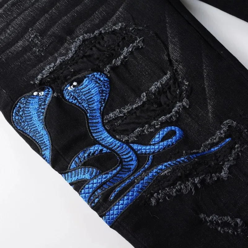 ผู้ชายงูเย็บปักถักร้อยกางเกงยีนส์ Streetwear หนัง Patch ยืดกางเกงยีนส์ Skinny กางเกง Ripped Distreesed กางเกงดินสอ — image 3