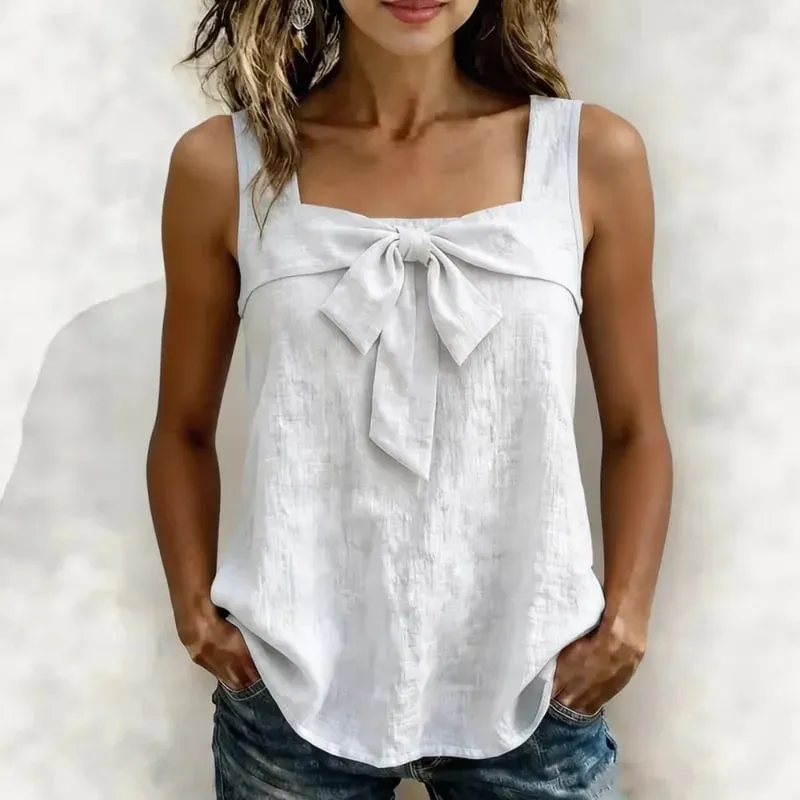 Canotta da donna senza maniche con scollo quadrato, decorazione con fiocco sul davanti, canotta da donna estiva casual in tinta unita — image 2