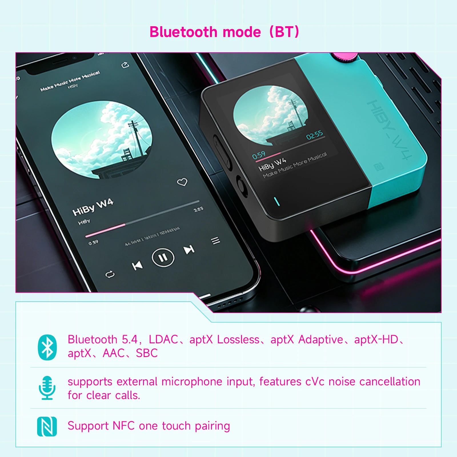 HiBy W4 3.5mm 4.4mm Wireless Audio HiFi Headphone Amplifier Bluetooth 5.4 NFC CarPlay UAT LDAC AptX HD AptX-LL 1500mAh MagSafe — image 2