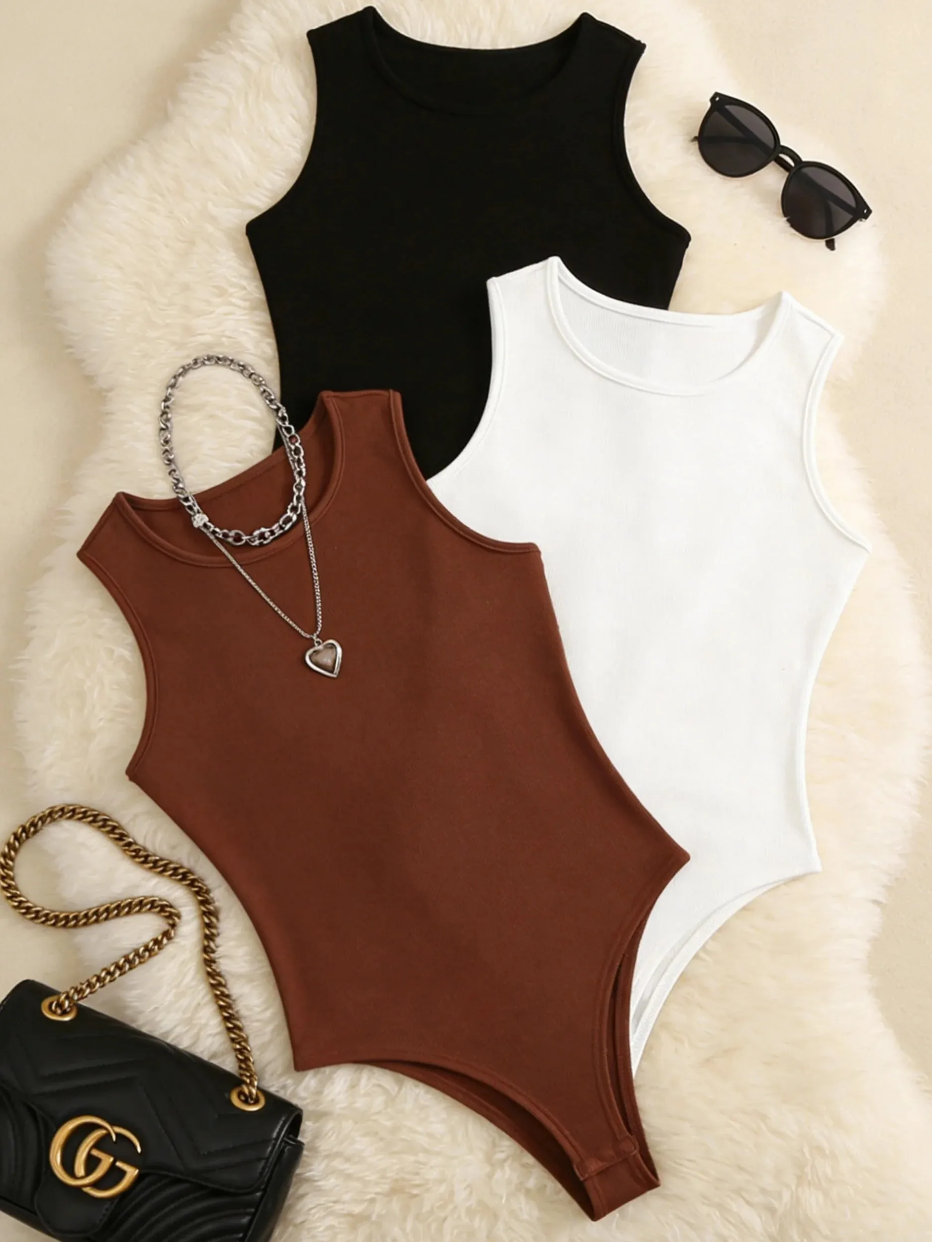 Kvinder 3-pak solid rib-bodysuit med rund hals Afslappet ærmeløs figursyet bodysuit i ét stykke — image 2