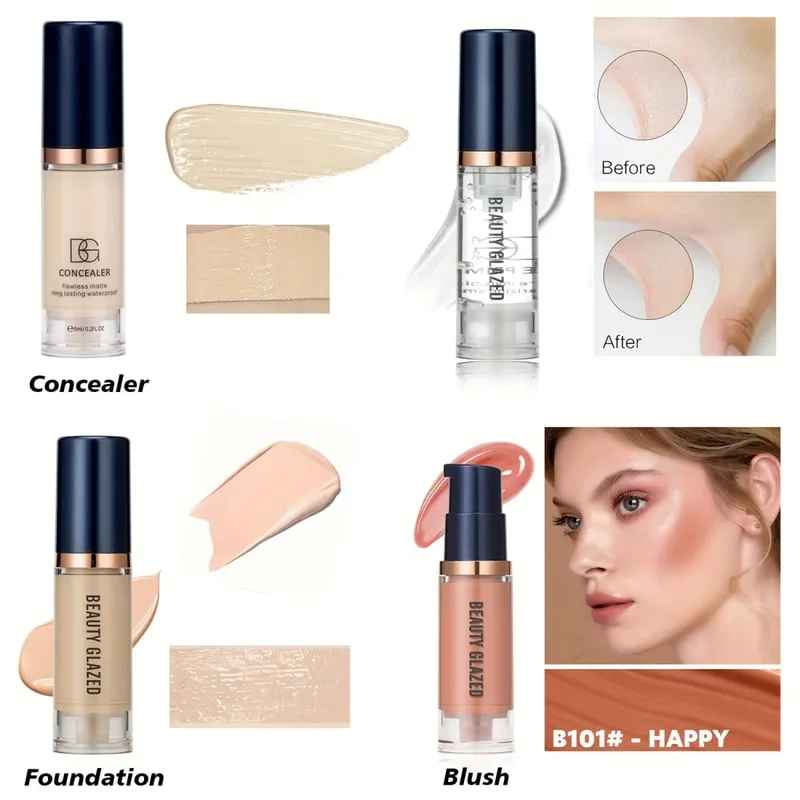 4Pcs Set Primer + Concealer + Liquid Foundation + Liquid Blush Matte Velvet Waterproof Foundation Blush Makeup For Travel — image 8