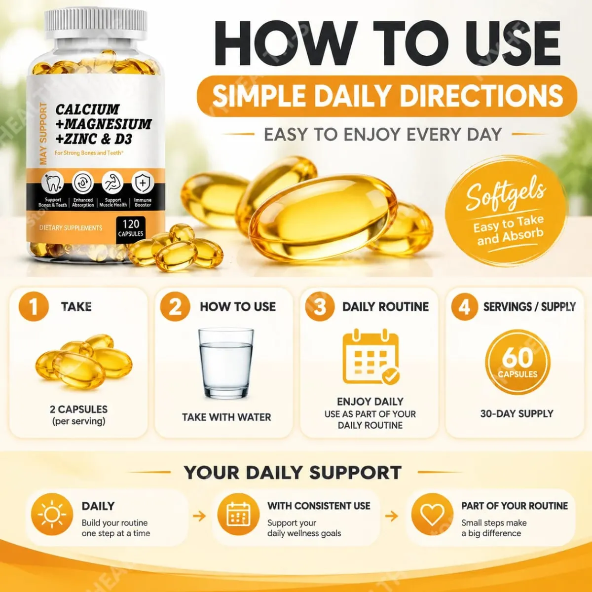 Calcium Magnesium Zinc Softgels Bone & Teeth Support Vitamin D3 Supplement Supports Muscle Health & Immune Function 120 Capsules — image 6