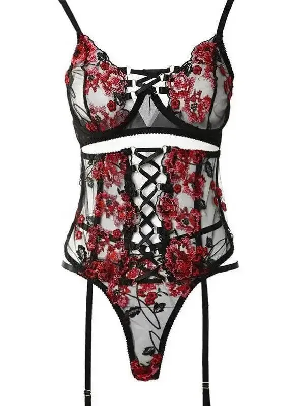 Flower Embroidery Mesh Transparent Fashion Sexy Bodysuits Backless Deep V Sleeveless Bodysuits Hollow Out Pure Desire Charm MSQT — image 7