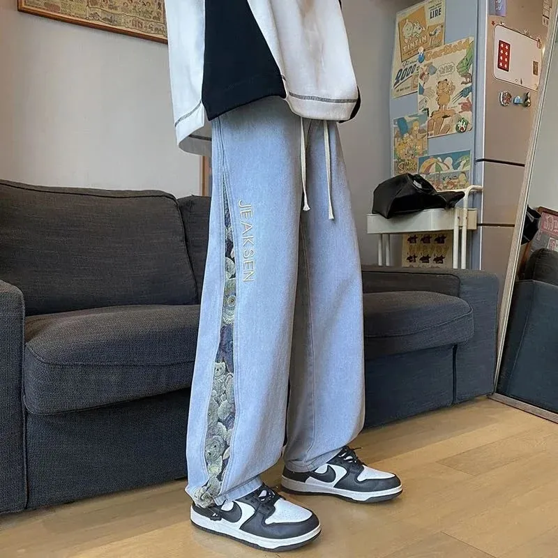 2023 Embroidered Bear Jeans Men's Spring Fall Straight Leg Loose Plus Wide Leg Fashion Brand American High Street Casual Pants — image 5
