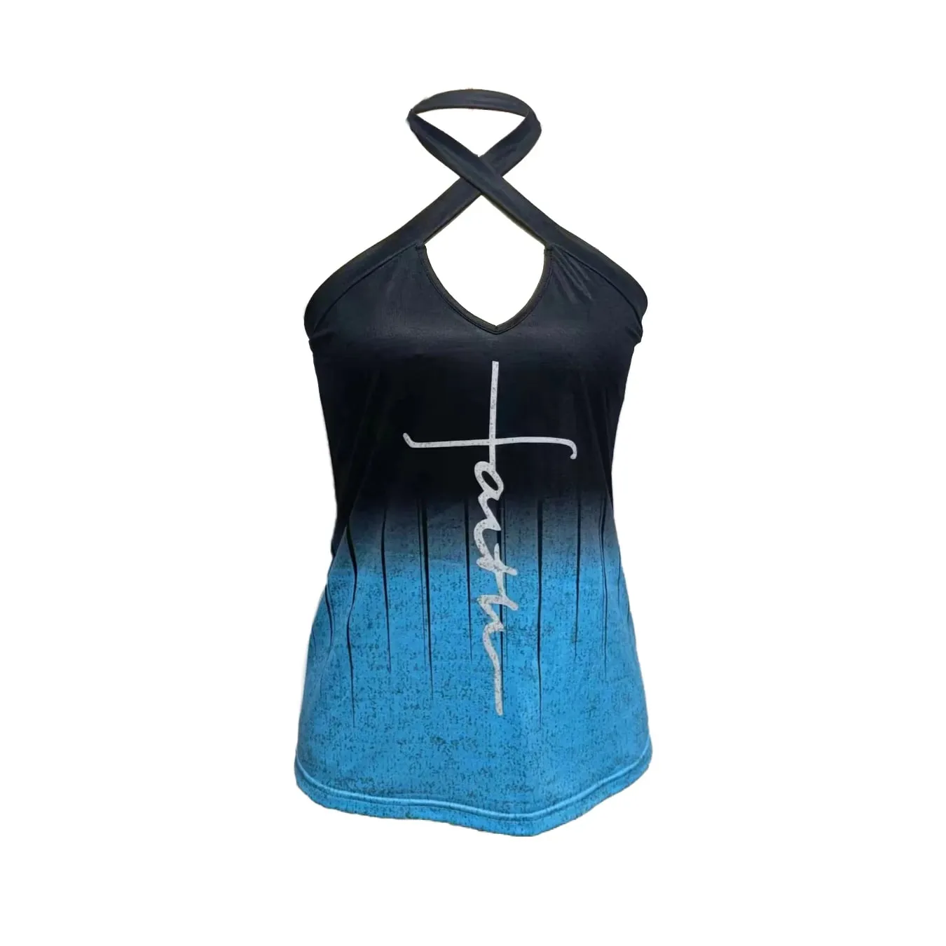 Damskie Tank top Wiosna Lato Czarny Niebieski Gradient Wiązany na szyi Krzyż W serek Wycięcie Odręczne Litera Szczupła Przycięte Szykowny Codzienny Casual