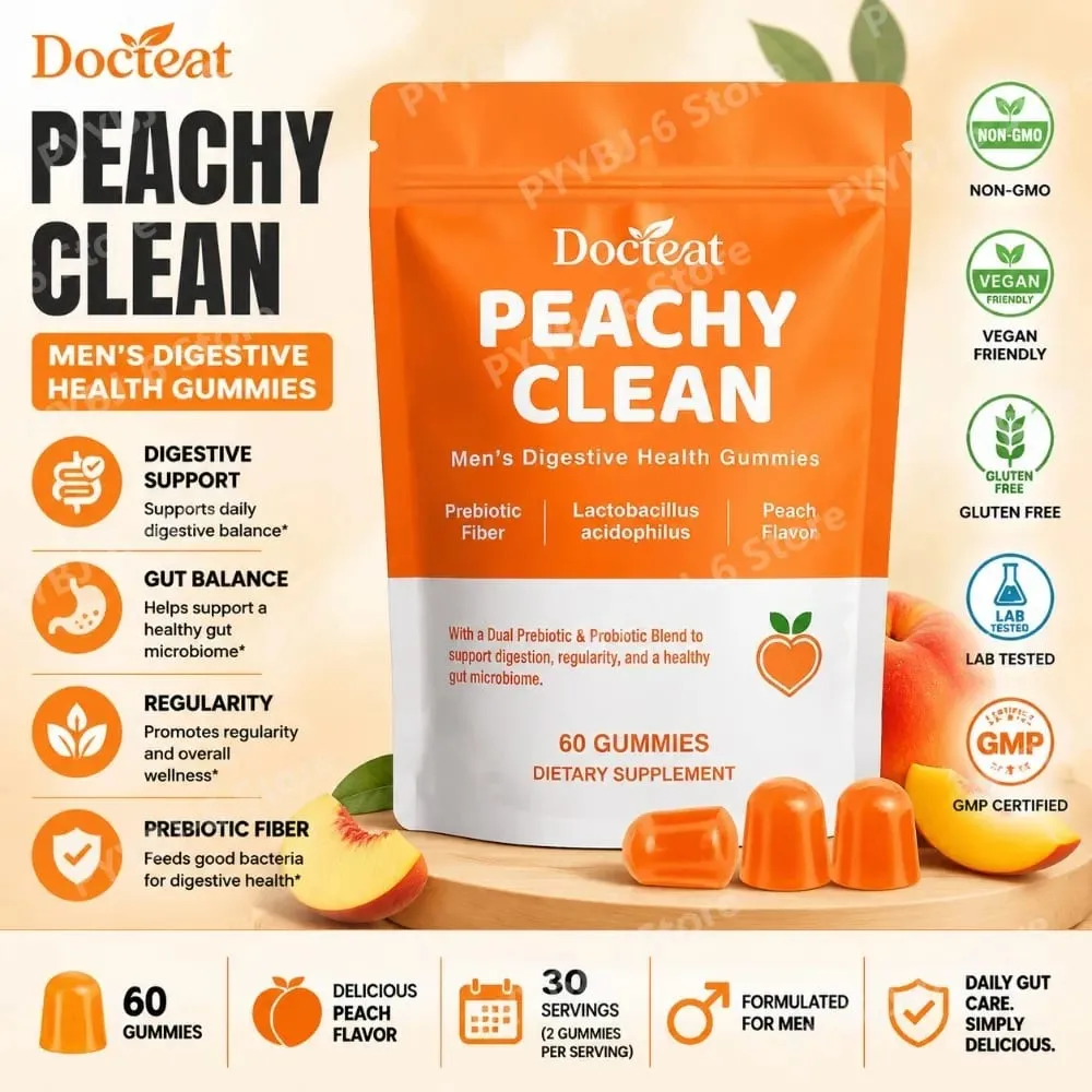 Docteat Peachy Clean Men's Digestive Health Gummies Prebiotic & Probiotic Blend Peach Flavor 60 Gummies Dietary Supplement — image 2