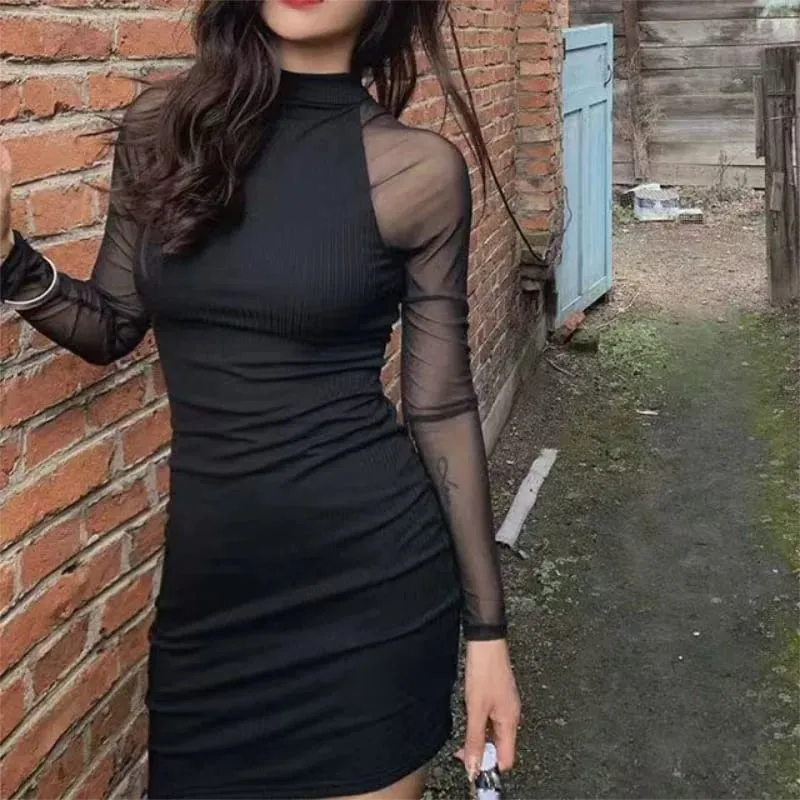 Mesh Patchwork Half High Neck Women Dresses Black Fashion See Through Long Sleeve Skinny Clubwear Female Mini Dress Bodycon