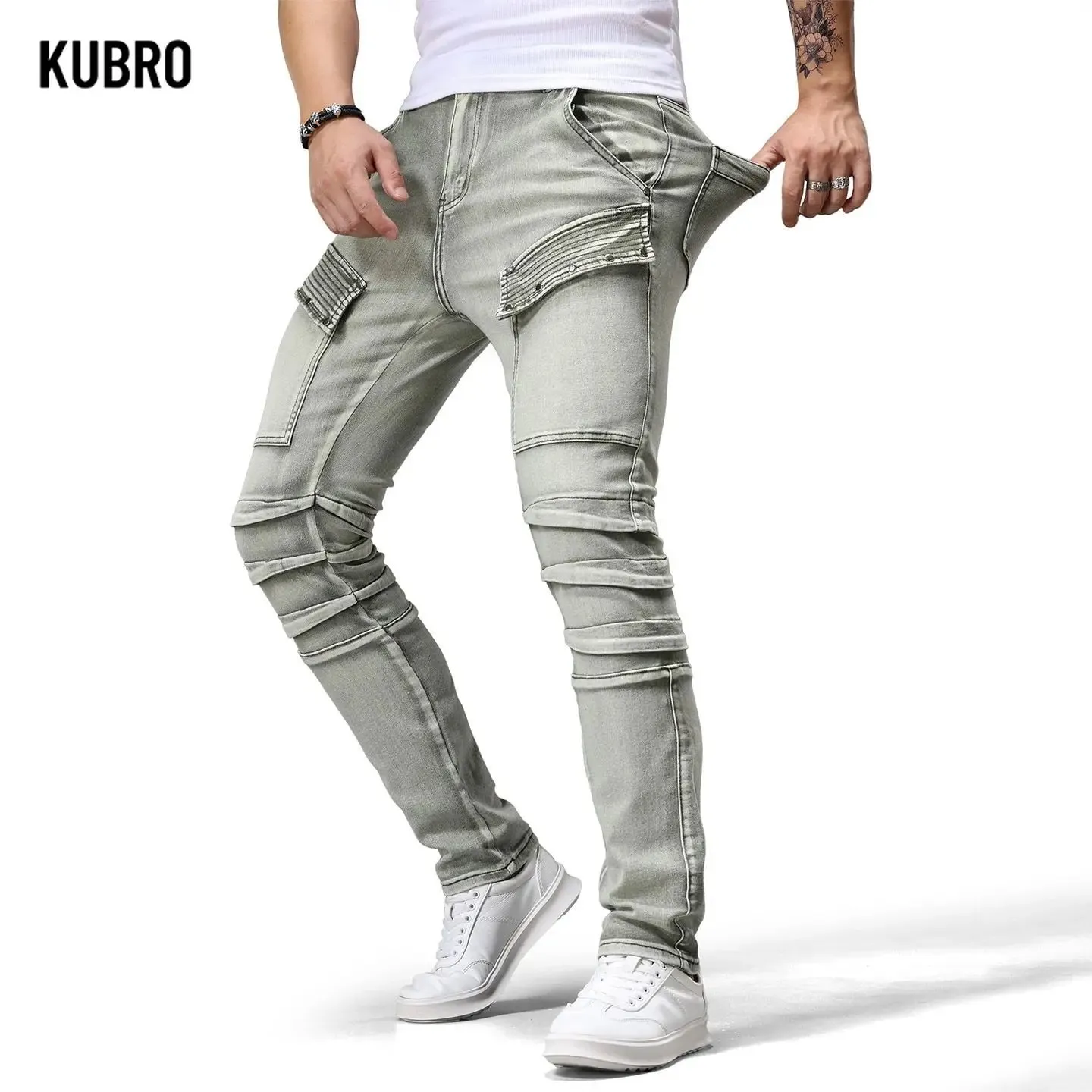 Jeans denim da moto retrò Patchwork di tendenza da uomo Pantaloni lunghi slim fit belli Pantaloni jeans a gamba dritta da bordo moda — image 3
