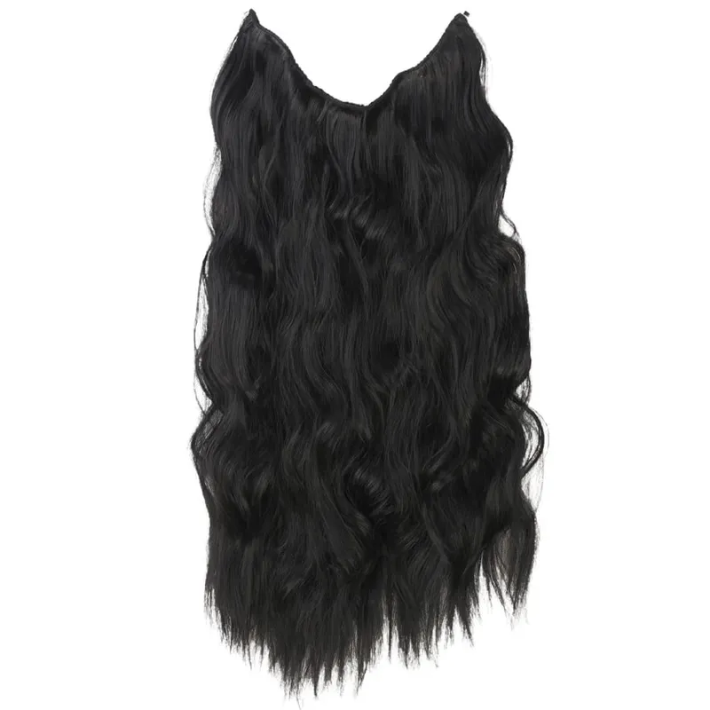 Black Halo Hair Extensions ที่มองไม่เห็นลวดปรับขนาด 22 นิ้วยาว Wavy Curly Hairpieces สำหรับผู้หญิงไม่มีคลิป