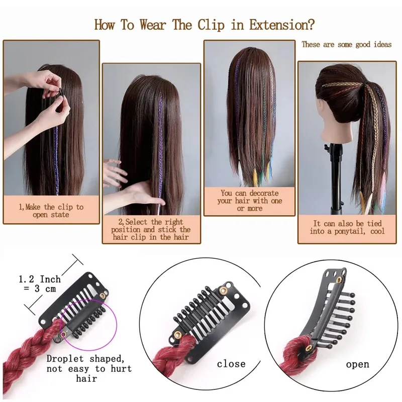Sambungan Klip Dalam 5 Keping/Lot Sintetik Pelangi Berwarna-warni Sambungan Rambut Tocang 22 Inci Dengan Tocang Kotak Potong Rambut Ombre — image 5