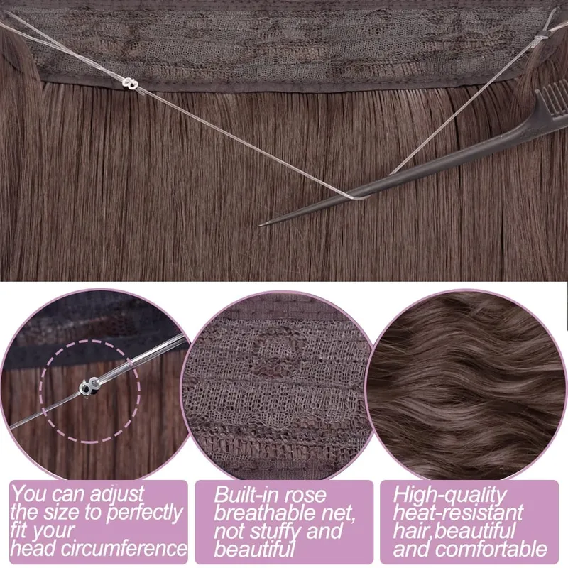 No Clips In Long Wavy Hair Extension Invisible Wire Hidden Fish Line False Hair Piece Synthetic Natural Black Blonde 16”22”32” — image 3