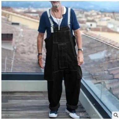 Streetwear Uomo Tinta unita Multi tasche Salopette di jeans Allentato Casual Lavato Tuta 2024 Bretelle maschili Jeans Pantaloni cargo