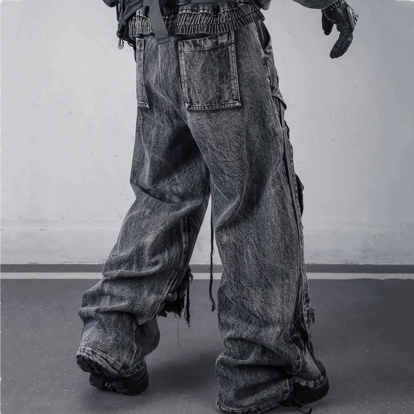 Deconstructed สายรัดล้าง Vintage Cargo กางเกงยีนส์ Man Woman Techwear Wasteland สไตล์ขากว้างยุทธวิธี Baggy กางเกง Street Wear — image 7