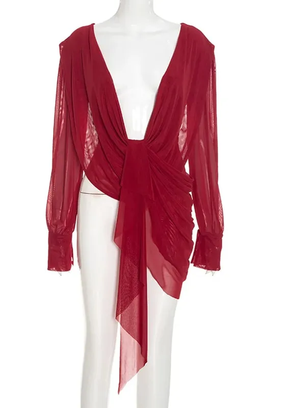 Beyprern Chic Y2K Estetico Scollo profondo Maglia Top Femminile Drappeggiato Asimmetrico Manica lunga Cover Up Camicetta Night Out Clubwear — image 8