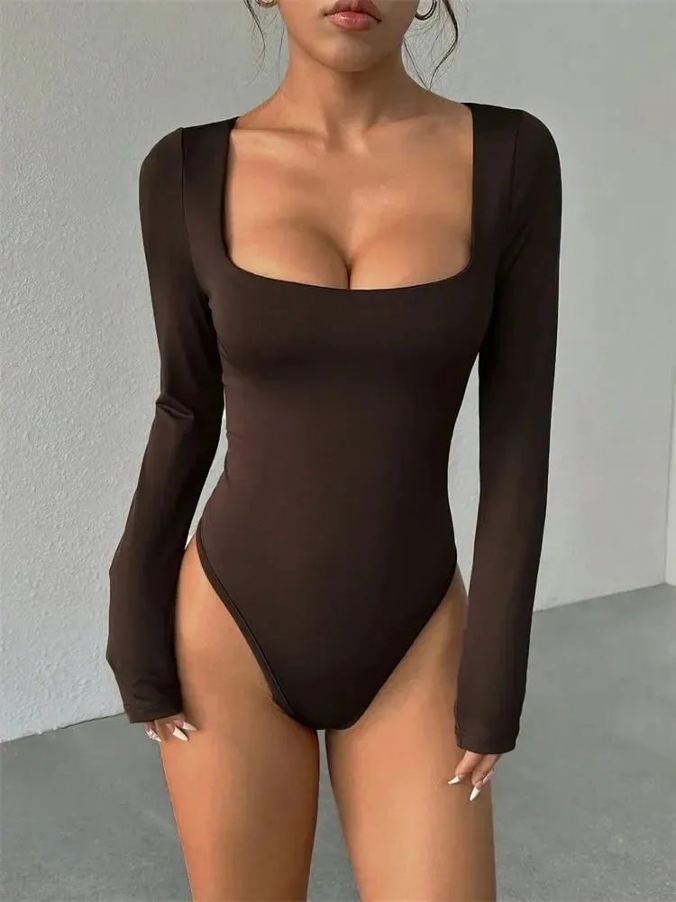 Baju Badan Lengan Panjang Leher Persegi Asas Blaus untuk Wanita Musim Gugur Musim Sejuk Seksi Slim Fit Pakaian Badan Warna Pejal Pakaian Jalanan Y2K
