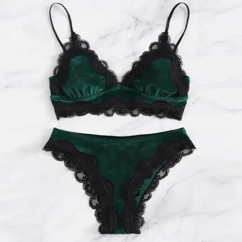 Solido Comodo Velluto Lingerie Per Le Donne Pizzo Floreale Riunito Reggiseni E Perizoma Set 2 Pezzi Seducente Lingerie Sexy Indumenti Da Notte Pigiama Set