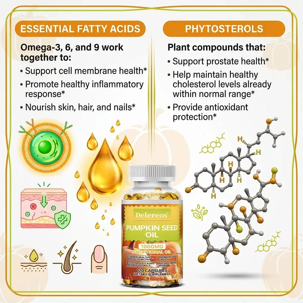 Capsule di olio di semi di zucca da 1000 mg supportano la prostata, la vescica urinaria e la salute dei capelli per gli uomini Salute cardiovascolare Non OGM — image 6