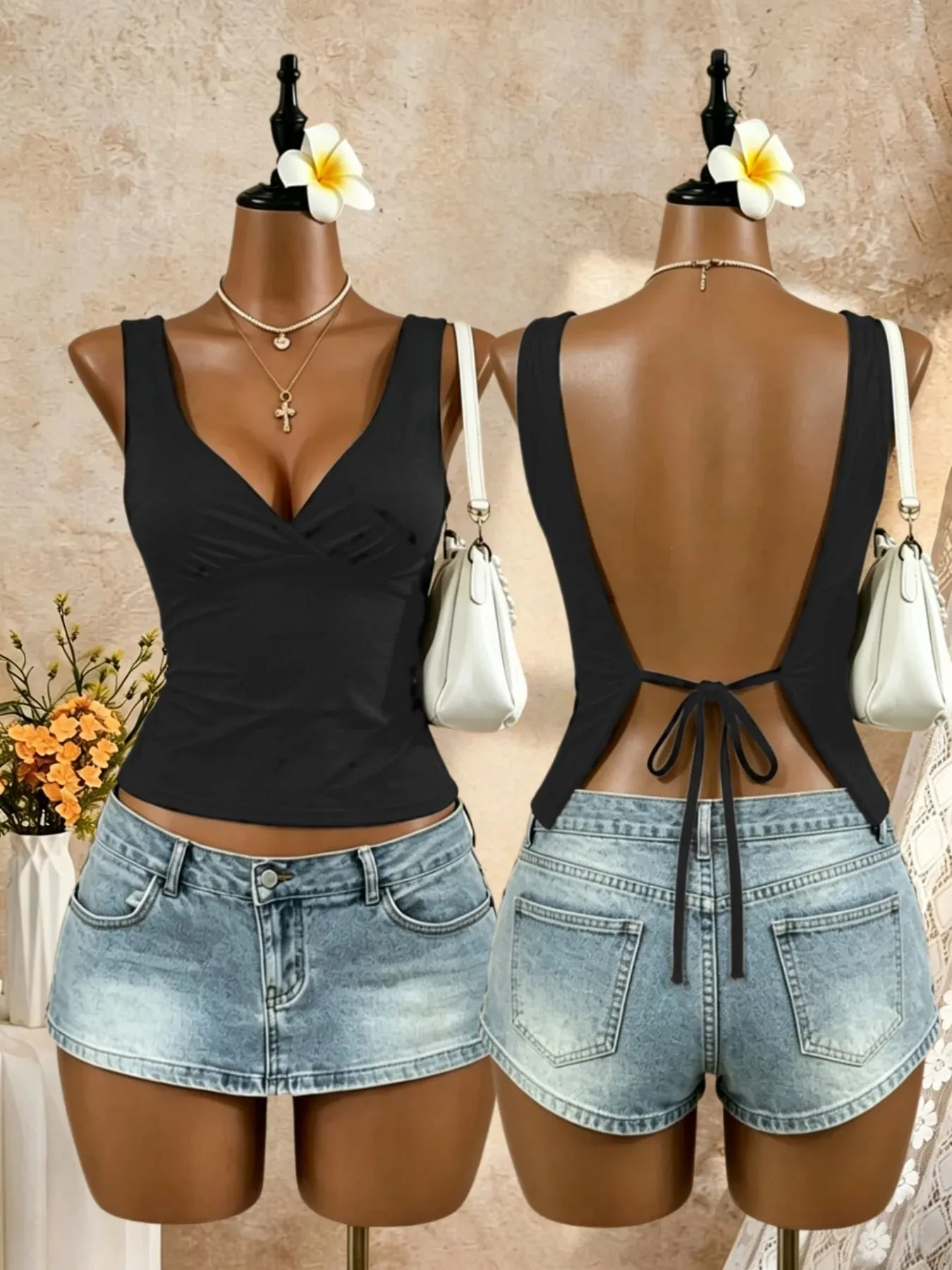 Frauen Breiten Gurt Tiefem V Wrap Vorne Offen Zurück Krawatte Schlank Crop Leibchen 2026 Sommer Y2K Ausgehen Streetwear Tank tops — image 2