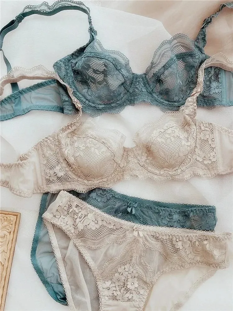 Ultradünnes Push-up-BH- und Höschenset aus Spitze mit leichter Polsterung, transparente Dessous in großen Größen — image 3