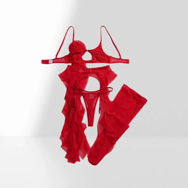 레드 메쉬 브래지어 세트를 통해 볼 레드 로즈 장식 프릴 가장자리 Shapewear 여성을위한 섹시한 란제리 분할 세트 섹시한 란제리 여성
