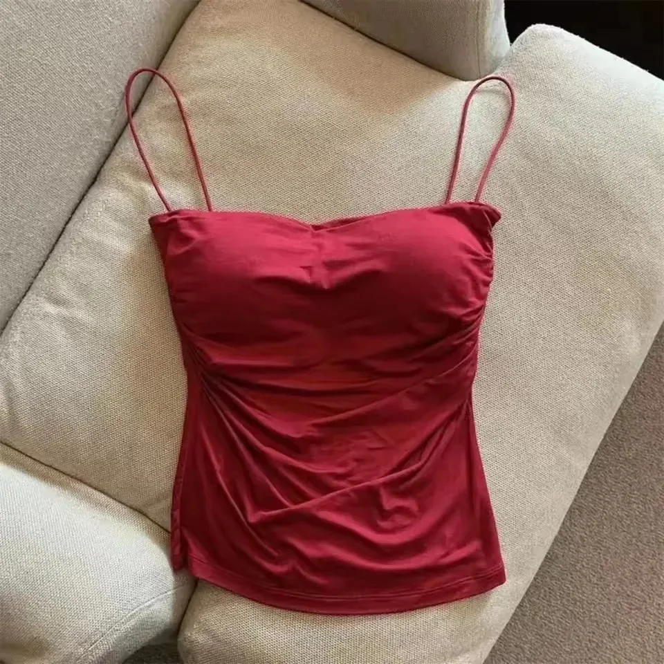 1 Buah Korset Berlipat Pinggang Bergaya-Rompi Tanpa Lengan Bantalan Dada Tetap Penyangga Lembut Atasan Pendek Seksi dengan Tali Tipis Warna Solid