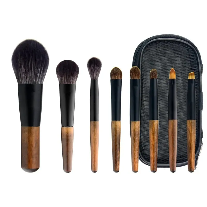 8Pcs Mini Travel Makeup Brush Set with Pouch Wooden Handle Cosmetic Brush for Face Powder Blush Highlighter Concealer Eyeshadow