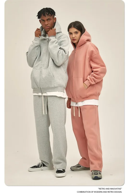 New Men Double Headed Zipper Fleece Hoodies Unisex Loose Basic Solid Warm Hooded Sweatshirts Coats For Winter HY0633