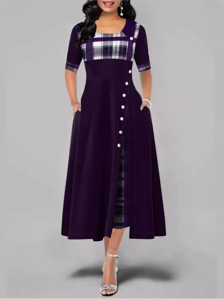 ผู้หญิงไม่สม่ำเสมอ Lattice Patchwork ชุดเดรสยาวปุ่มวินเทจ O คอครึ่งแขน Casual Lady เดินทางชุดแฟชั่น — image 4