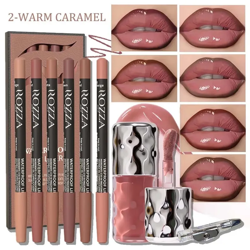 8pcs/set Set Kecantikan Bibir Harian – 6 Pelapik Bibir Boleh Blendable 1 Lip Gloss Pelembap&1 Pengasah Pensel – Kit Bibir Tahan Lama Lembut — image 2