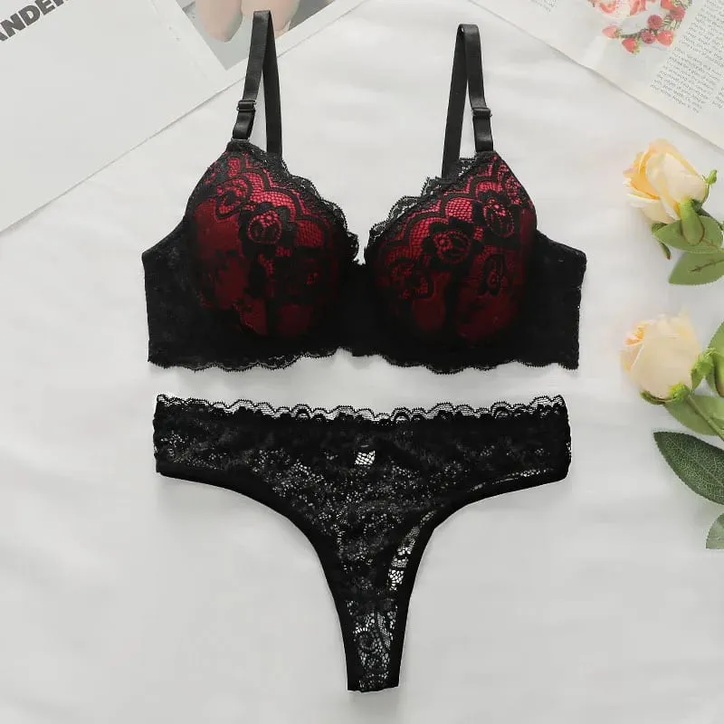 ผู้หญิงสีแดงและสีดำลูกไม้ชุดชั้นในและชุดกางเกง Push Up Underwire ชุดชั้นใน 2026 — image 1