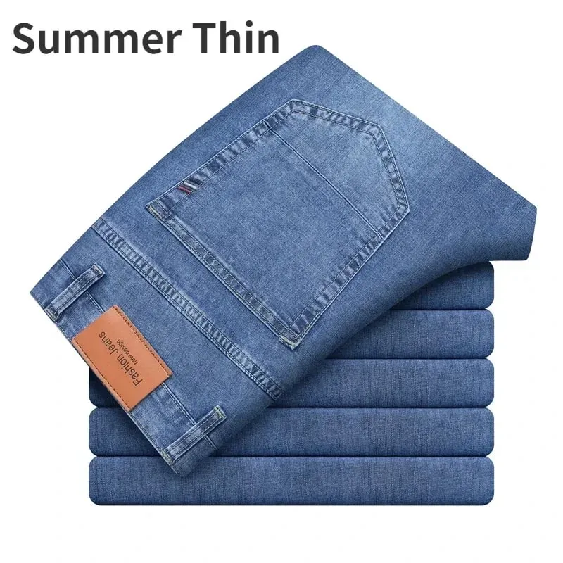 2024 Brand Thin or Thick Material Men's Elastic Cotton Jeans Fashion Gray Comfortable Denim Business Casual High Waist Pants — image 12
