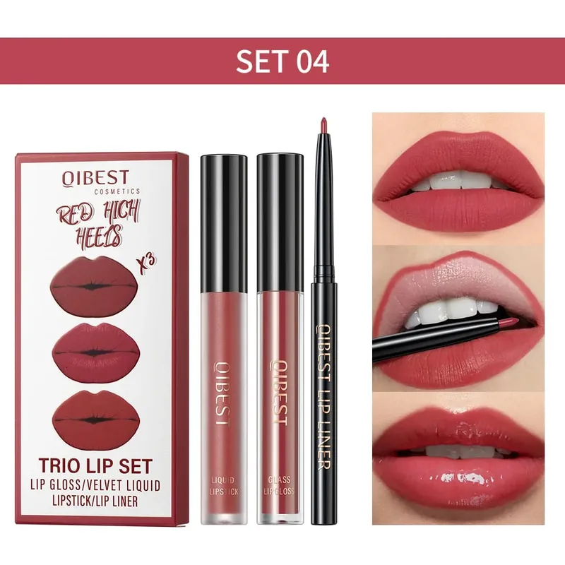 3pcs LIPS แต่งหน้าชุดรวม Lip Glaze Lip Mud และ Lip Liner ยาวนาน Nude สีแดงสีดำสีน้ำตาล Lip GLOSS Tint เครื่องสำอาง