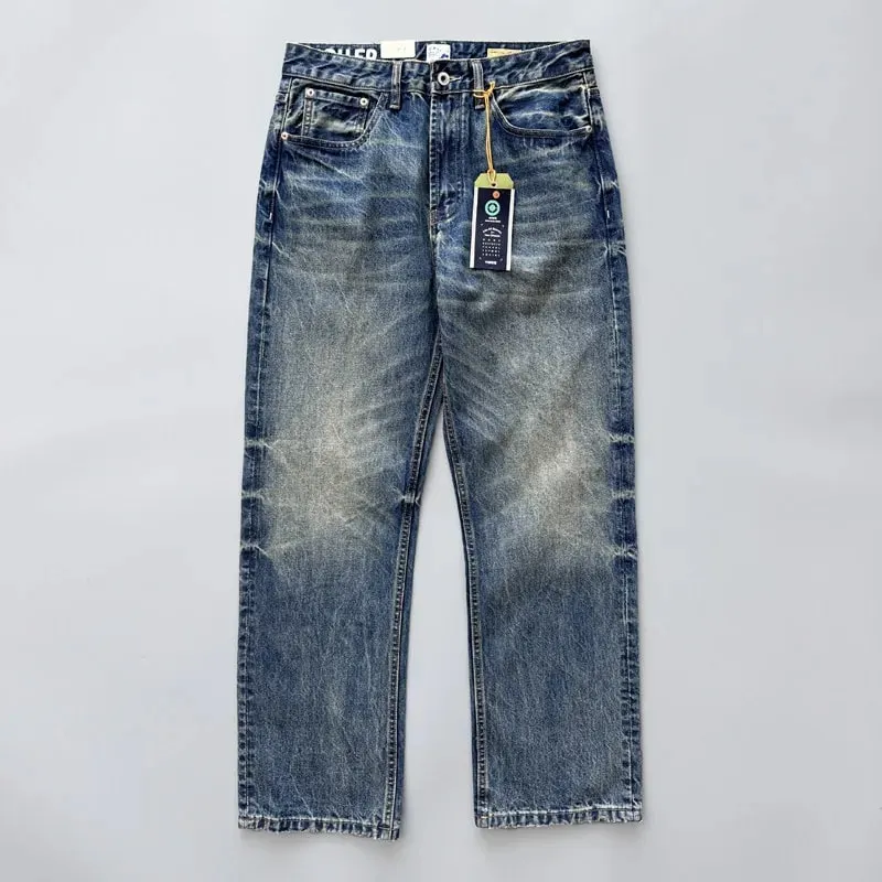 2026 Spring New Arrival Light Blue Straight-Leg Denim Jeans for Men American Retro Washed Blue Denim with Whisker Effect Pants