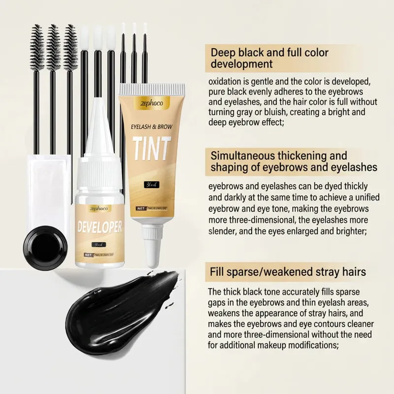 Kit Pewarna Bulu Mata dan Alis 2-In-1 Set Pewarna Warna Alis Bulu Mata Semi Permanen DIY Profesional Penggunaan Salon Rumah Hitam Intens 1 Set — image 5