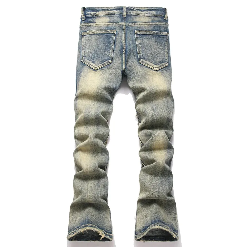 Män Broderi Patch Boot Cut Jeans Patchwork Stretch Denim Slimma utsvängda byxor Vintage blå Streetwear byxor — image 2