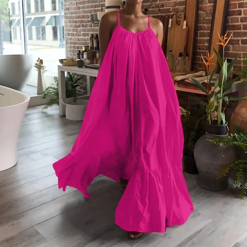 Spring Dress For Women Sexy Solid Strap Dress Pocket Loose Backless Big Swing Dresses Holiday Dresses For Women Wedding Guest — image 12