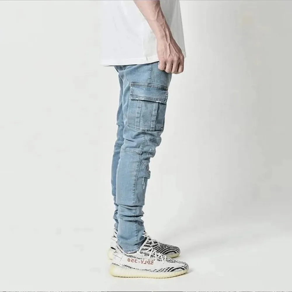 Jean élastique de rue pour hommes, pantalon Cargo en Denim, couleur unie, multi-poches, décontracté, taille moyenne, coupe cintrée, tenue quotidienne, jogging — image 3